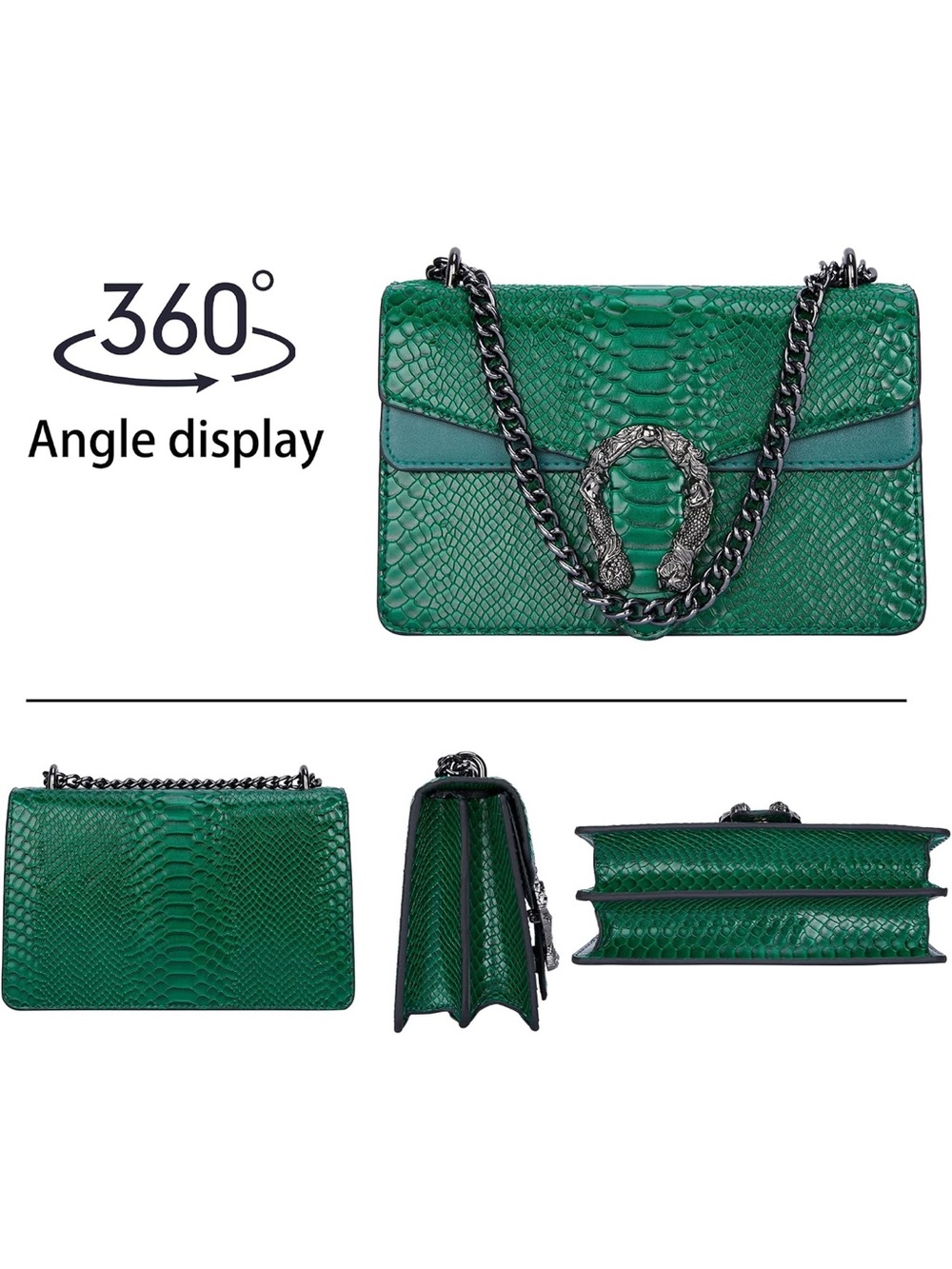 Emerald Green Snake Embossed Shoulder Bag | Chain Strap Designer Inspired Handba - Picture 3 of 8